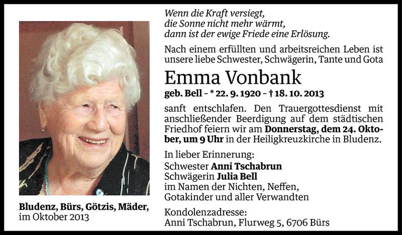  Todesanzeige für Emma Vonbank vom 23.10.2013 aus Vorarlberger Nachrichten