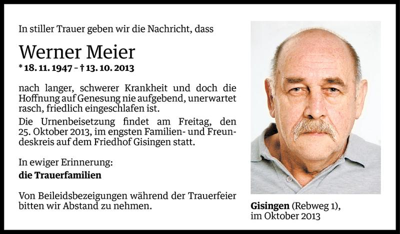  Todesanzeige für Werner Meier vom 22.10.2013 aus Vorarlberger Nachrichten