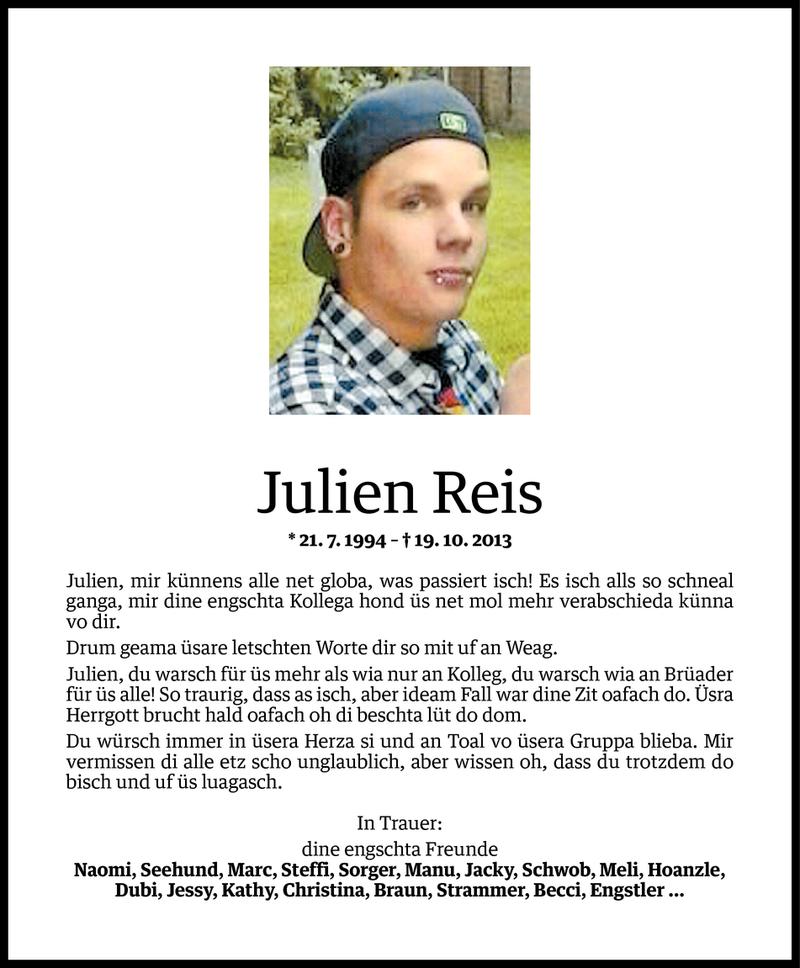 Todesanzeige für Julien Reis vom 22.10.2013 aus Vorarlberger Nachrichten