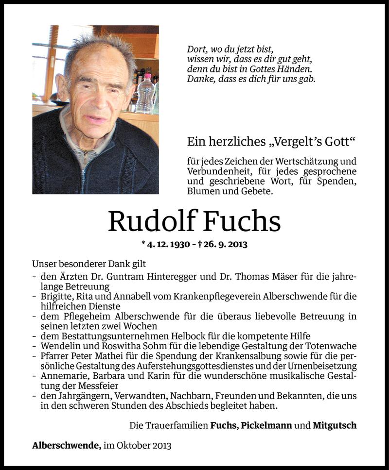  Todesanzeige für Rudolf Fuchs vom 23.10.2013 aus Vorarlberger Nachrichten