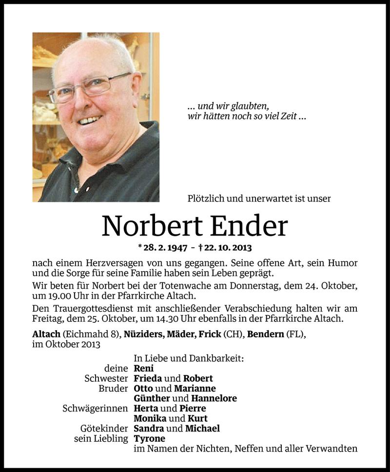  Todesanzeige für Norbert Ender vom 24.10.2013 aus Vorarlberger Nachrichten