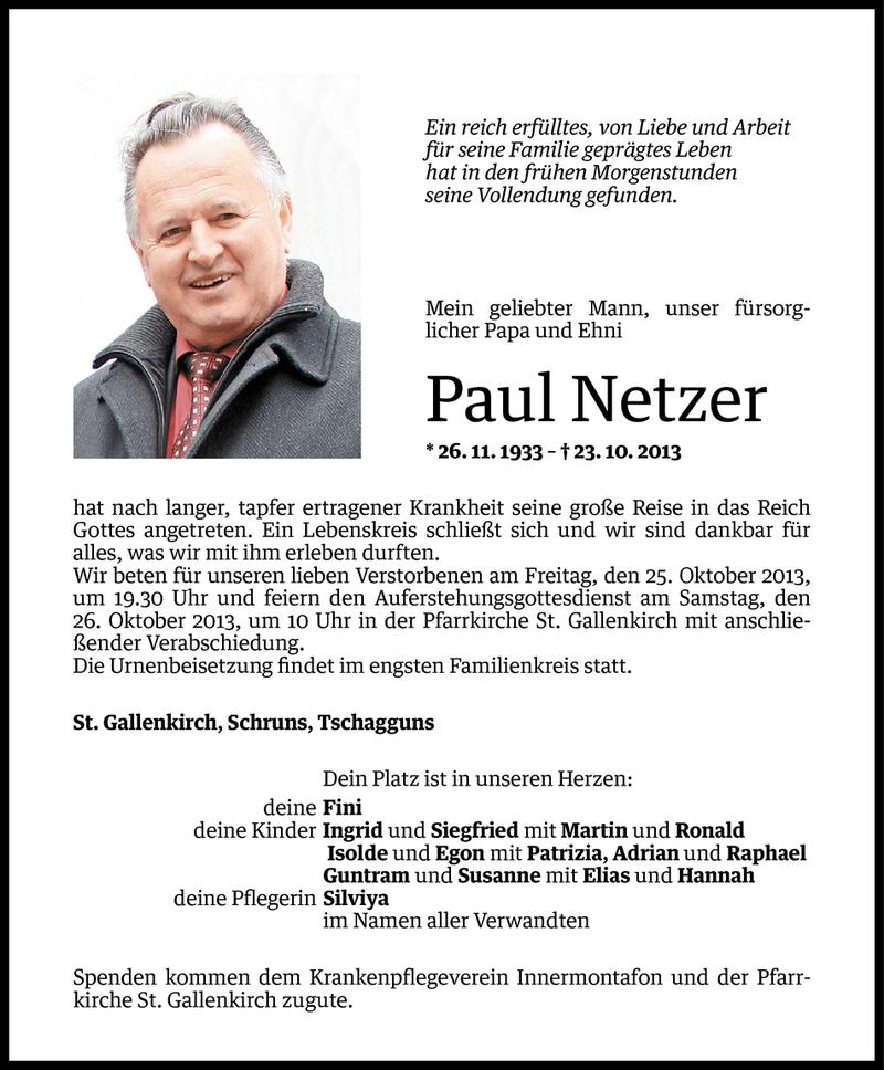  Todesanzeige für Paul Netzer vom 23.10.2013 aus Vorarlberger Nachrichten