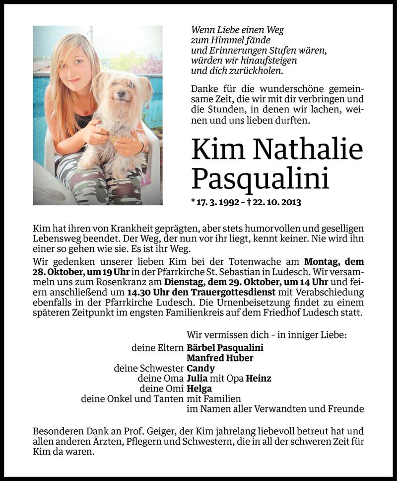  Todesanzeige für Kim Nathalie Pasqualini vom 25.10.2013 aus Vorarlberger Nachrichten