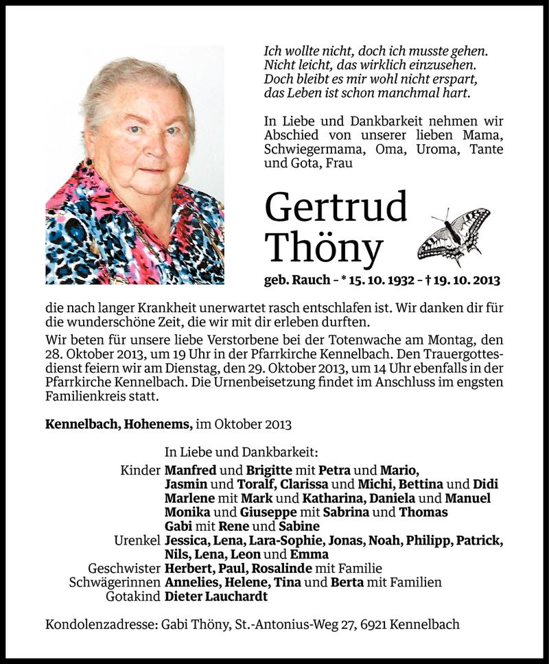  Todesanzeige für Gertrud Thöny vom 24.10.2013 aus Vorarlberger Nachrichten