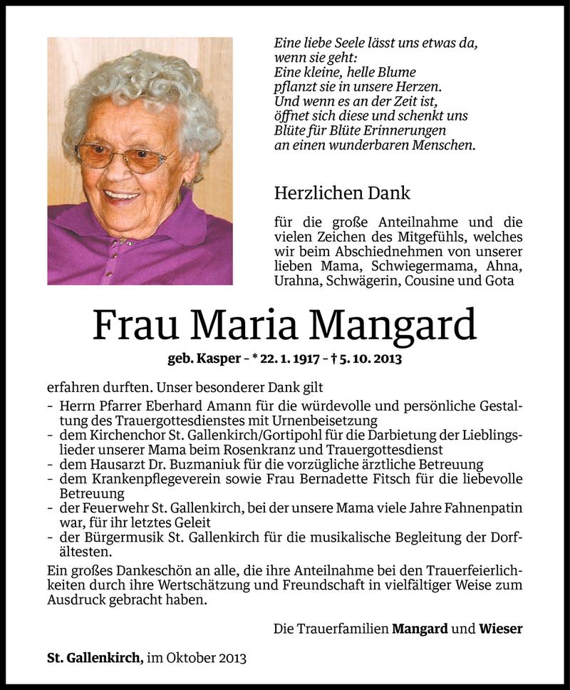  Todesanzeige für Maria Mangard vom 24.10.2013 aus Vorarlberger Nachrichten