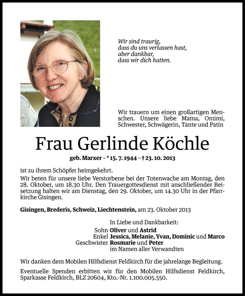  Todesanzeige für Gerlinde Köchle vom 24.10.2013 aus Vorarlberger Nachrichten