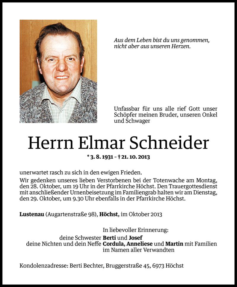  Todesanzeige für Elmar Schneider vom 24.10.2013 aus Vorarlberger Nachrichten