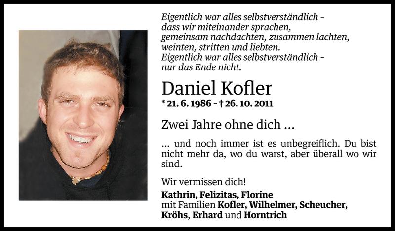  Todesanzeige für Daniel Kofler vom 24.10.2013 aus Vorarlberger Nachrichten