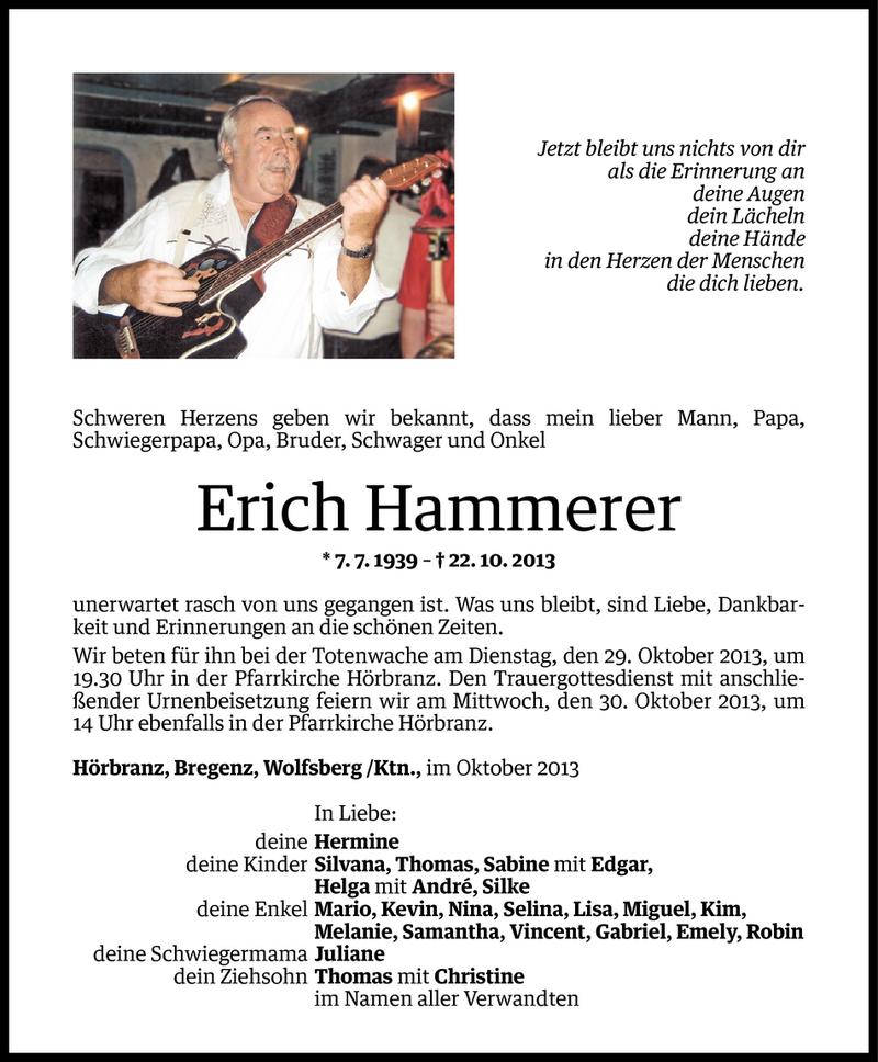  Todesanzeige für Erich Hammerer vom 25.10.2013 aus Vorarlberger Nachrichten