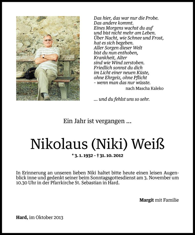  Todesanzeige für Nikolaus Weiß vom 30.10.2013 aus Vorarlberger Nachrichten