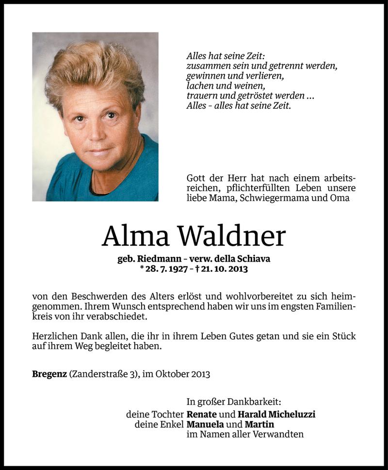  Todesanzeige für Alma Waldner vom 28.10.2013 aus Vorarlberger Nachrichten