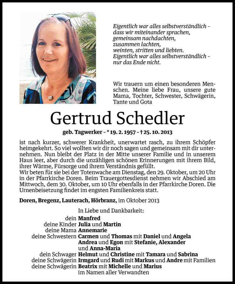  Todesanzeige für Gertrud Schedler vom 27.10.2013 aus Vorarlberger Nachrichten