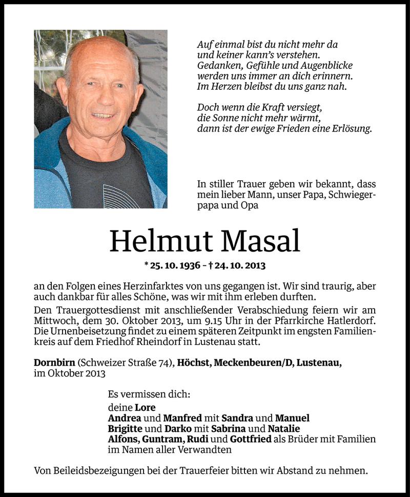  Todesanzeige für Helmut Masal vom 27.10.2013 aus Vorarlberger Nachrichten