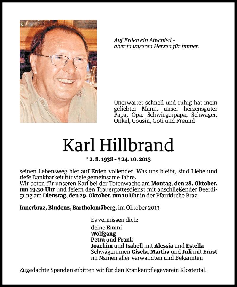  Todesanzeige für Karl Hillbrand vom 28.10.2013 aus Vorarlberger Nachrichten