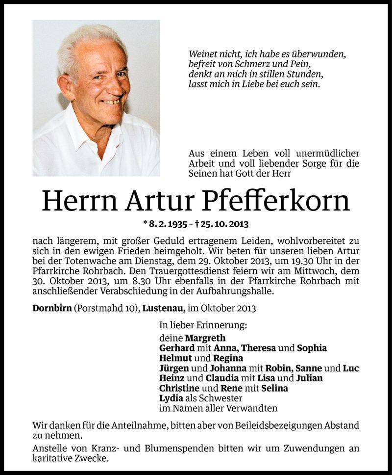  Todesanzeige für Artur Pfefferkorn vom 27.10.2013 aus Vorarlberger Nachrichten