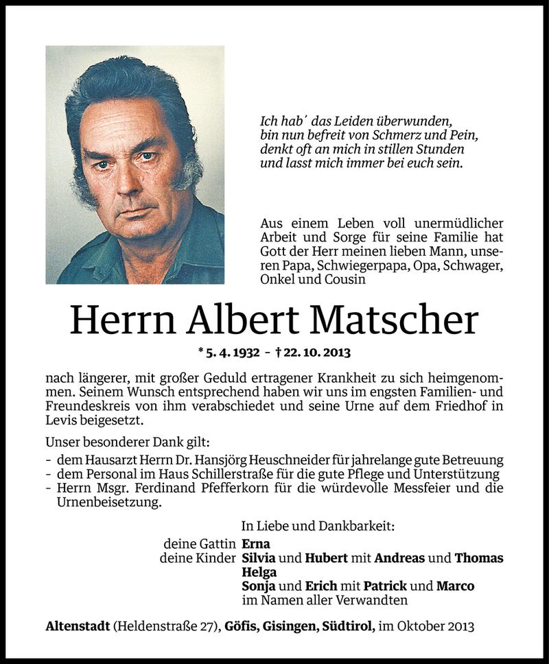  Todesanzeige für Albert Matscher vom 29.10.2013 aus Vorarlberger Nachrichten