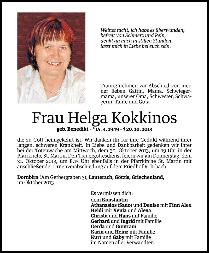  Todesanzeige für Helga Kokkinos vom 28.10.2013 aus Vorarlberger Nachrichten