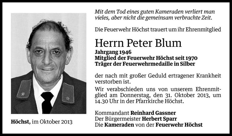  Todesanzeige für Peter Blum vom 28.10.2013 aus Vorarlberger Nachrichten