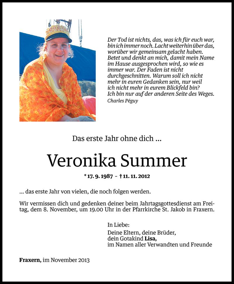  Todesanzeige für Veronika Summer vom 06.11.2013 aus Vorarlberger Nachrichten