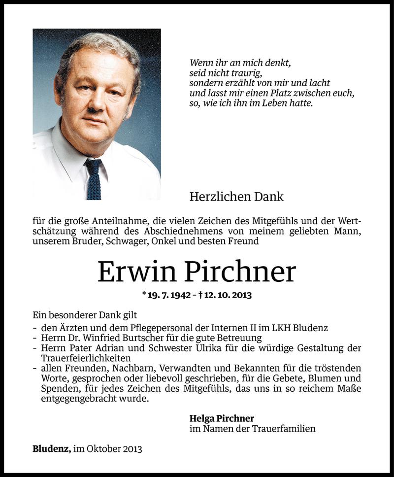  Todesanzeige für Erwin Pirchner vom 30.10.2013 aus Vorarlberger Nachrichten