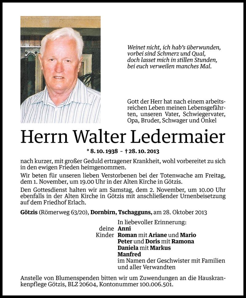  Todesanzeige für Walter Ledermaier vom 30.10.2013 aus Vorarlberger Nachrichten