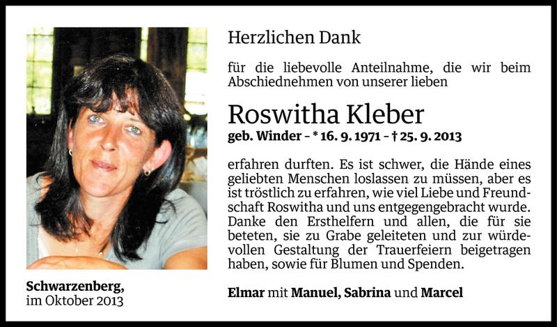  Todesanzeige für Roswitha Kleber vom 29.10.2013 aus Vorarlberger Nachrichten