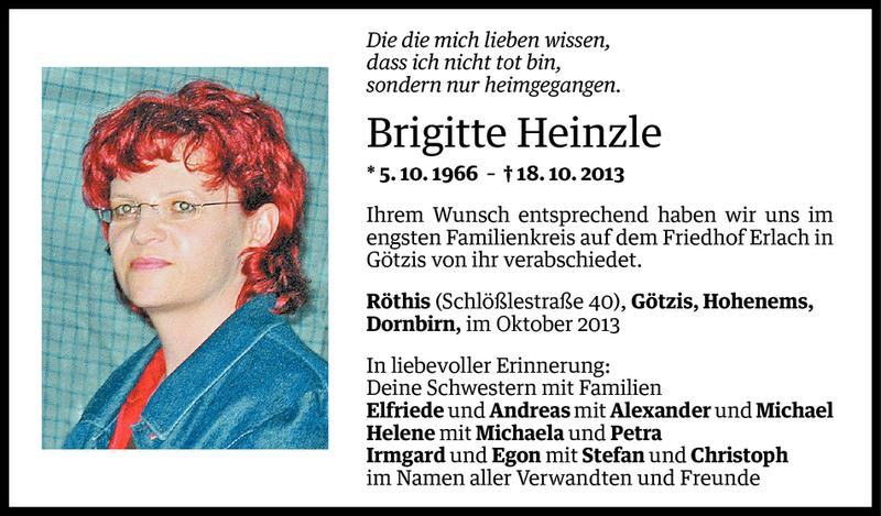  Todesanzeige für Brigitte Heinzle vom 31.10.2013 aus Vorarlberger Nachrichten