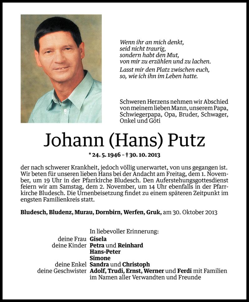  Todesanzeige für Johann Putz vom 30.10.2013 aus Vorarlberger Nachrichten