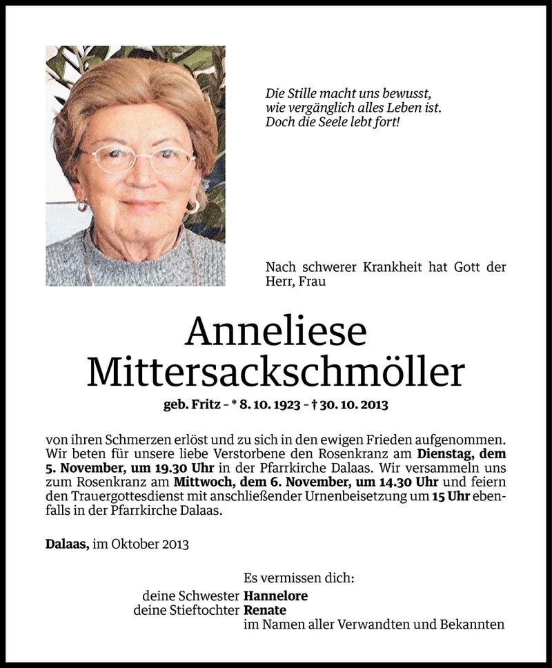  Todesanzeige für Anneliese Mittersackschmöller vom 02.11.2013 aus Vorarlberger Nachrichten