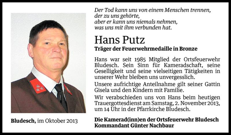  Todesanzeige für Hans Putz vom 01.11.2013 aus Vorarlberger Nachrichten