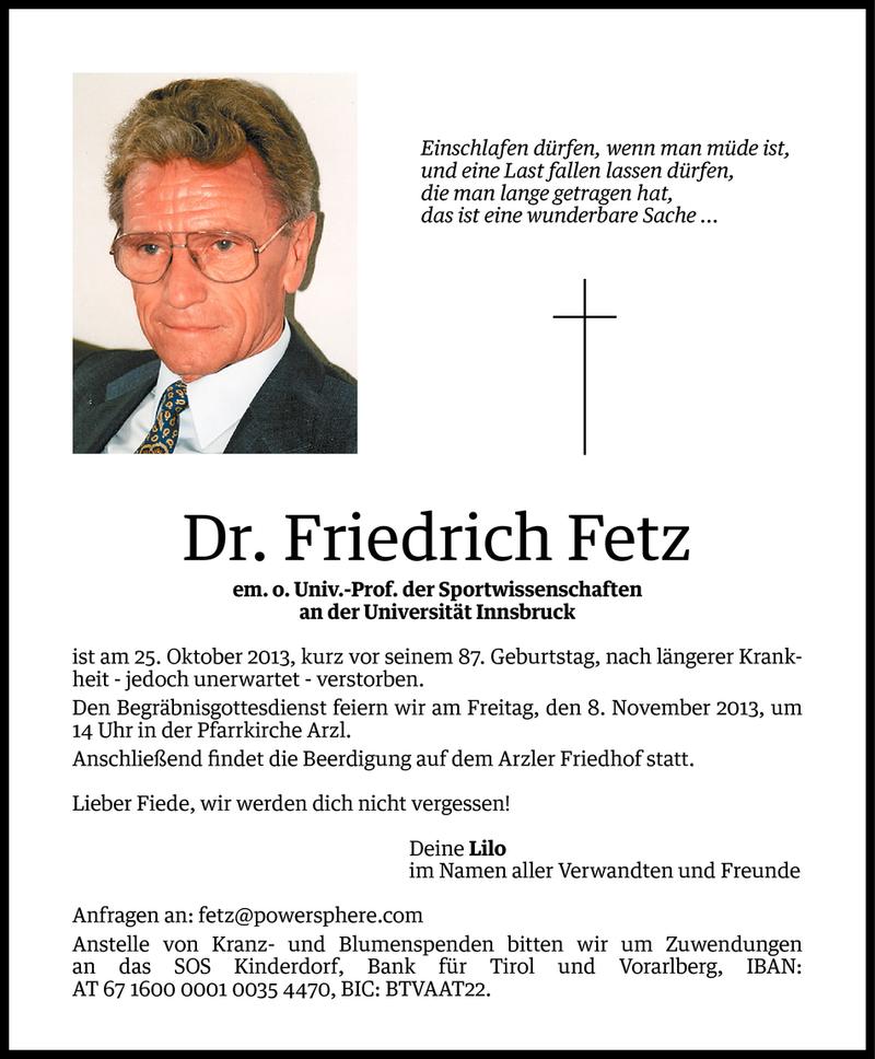  Todesanzeige für Dr. Friedrich Fetz vom 04.11.2013 aus Vorarlberger Nachrichten