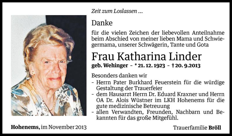  Todesanzeige für Katharina Linder vom 06.11.2013 aus Vorarlberger Nachrichten