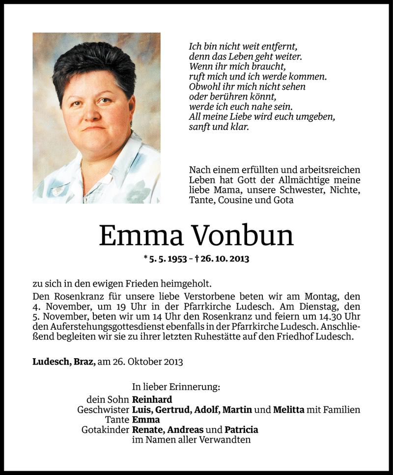  Todesanzeige für Emma Vonbun vom 01.11.2013 aus Vorarlberger Nachrichten