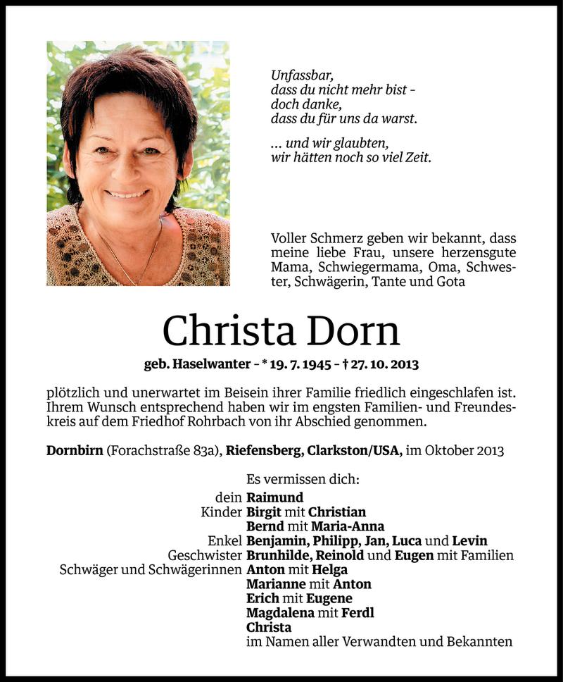  Todesanzeige für Christa Dorn vom 02.11.2013 aus Vorarlberger Nachrichten