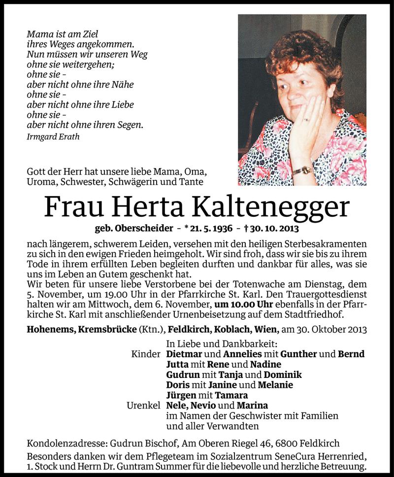  Todesanzeige für Herta Kaltenegger vom 04.11.2013 aus Vorarlberger Nachrichten