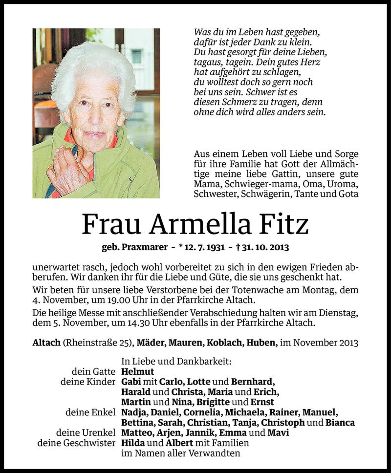  Todesanzeige für Armella Fitz vom 02.11.2013 aus Vorarlberger Nachrichten