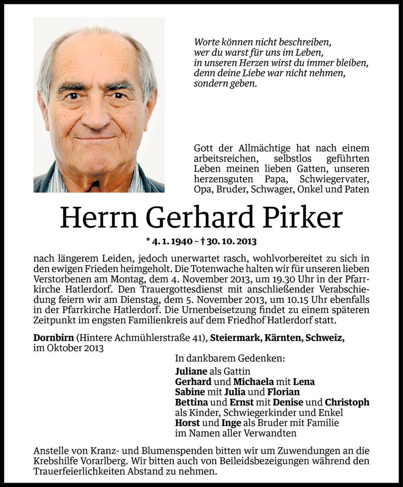  Todesanzeige für Gerhard Pirker vom 01.11.2013 aus Vorarlberger Nachrichten