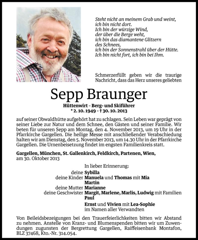  Todesanzeige für Sepp Braunger vom 01.11.2013 aus Vorarlberger Nachrichten