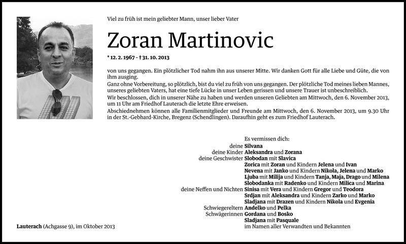  Todesanzeige für Zoran Martinovic vom 03.11.2013 aus Vorarlberger Nachrichten