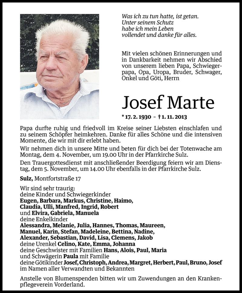  Todesanzeige für Josef Marte vom 04.11.2013 aus Vorarlberger Nachrichten