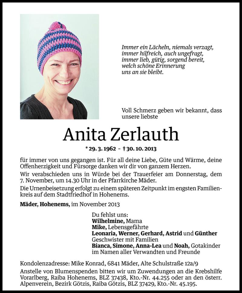  Todesanzeige für Anita Zerlauth vom 05.11.2013 aus Vorarlberger Nachrichten