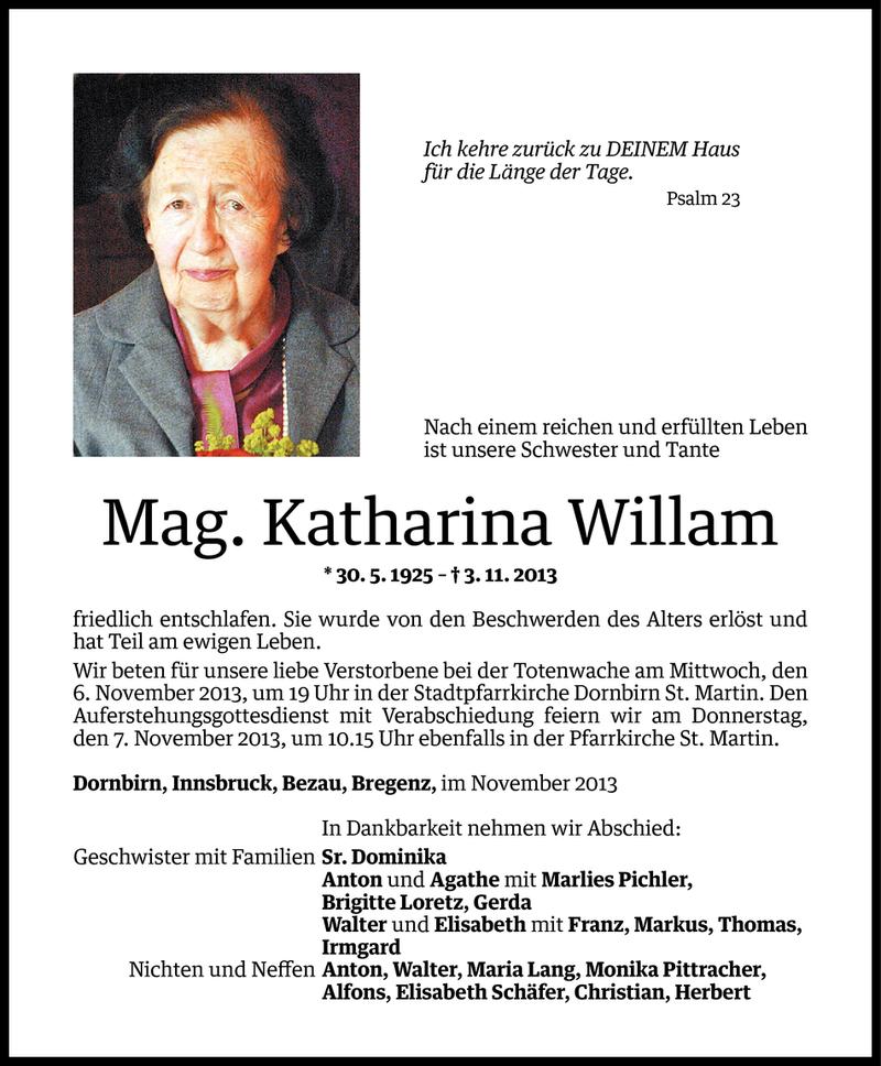  Todesanzeige für Mag. Katharina Willam vom 04.11.2013 aus Vorarlberger Nachrichten