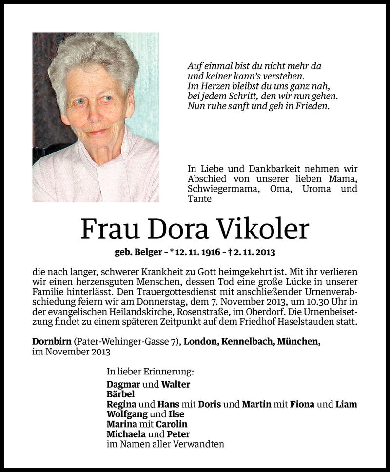  Todesanzeige für Dora Vikoler vom 04.11.2013 aus Vorarlberger Nachrichten