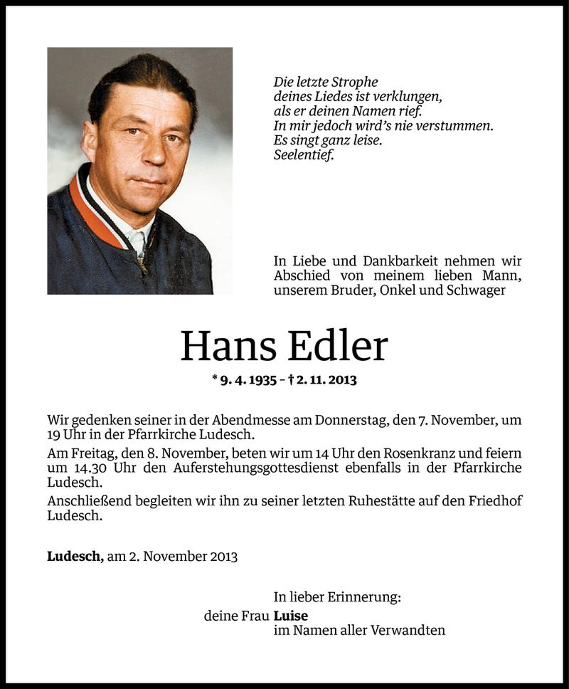  Todesanzeige für Hans Edler vom 05.11.2013 aus Vorarlberger Nachrichten