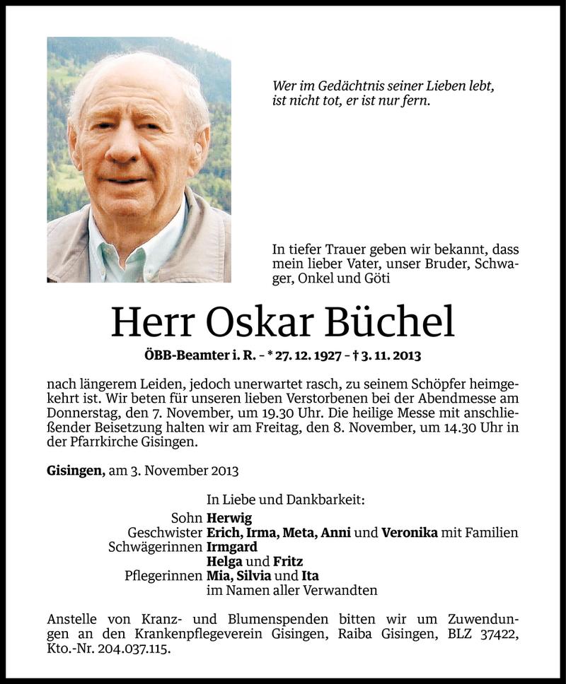  Todesanzeige für Oskar Büchel vom 05.11.2013 aus Vorarlberger Nachrichten