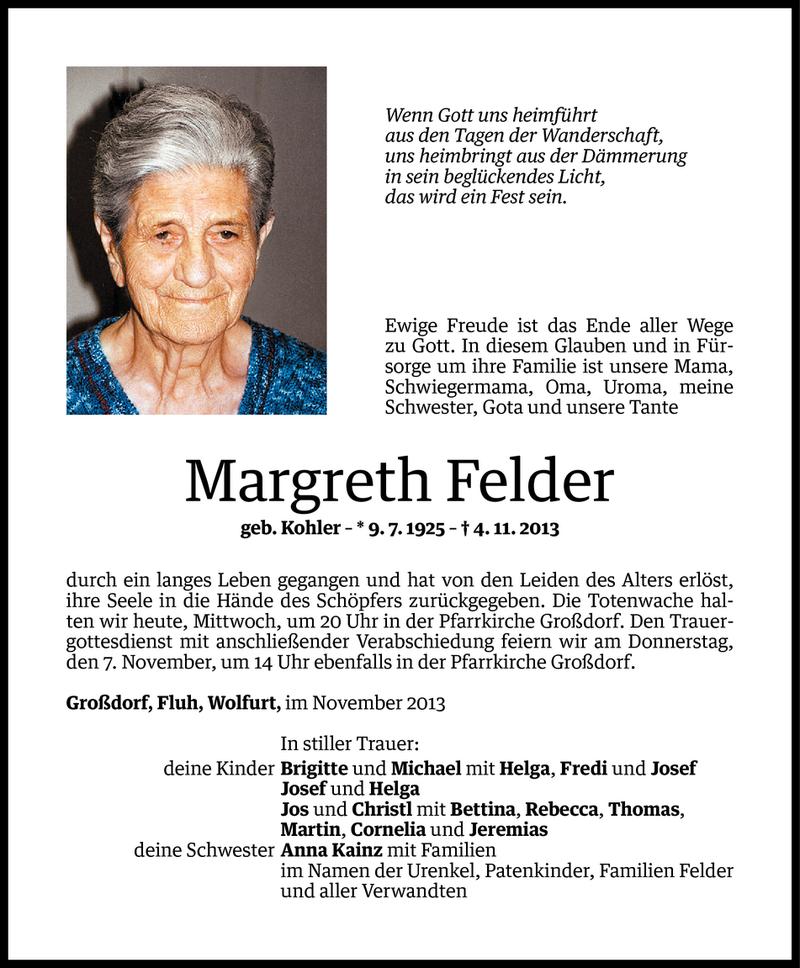  Todesanzeige für Margreth Felder vom 05.11.2013 aus Vorarlberger Nachrichten