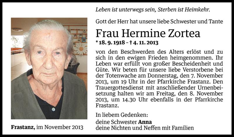  Todesanzeige für Hermine Zortea vom 05.11.2013 aus Vorarlberger Nachrichten