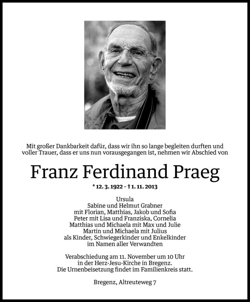  Todesanzeige für Franz Ferdinand Praeg vom 05.11.2013 aus Vorarlberger Nachrichten