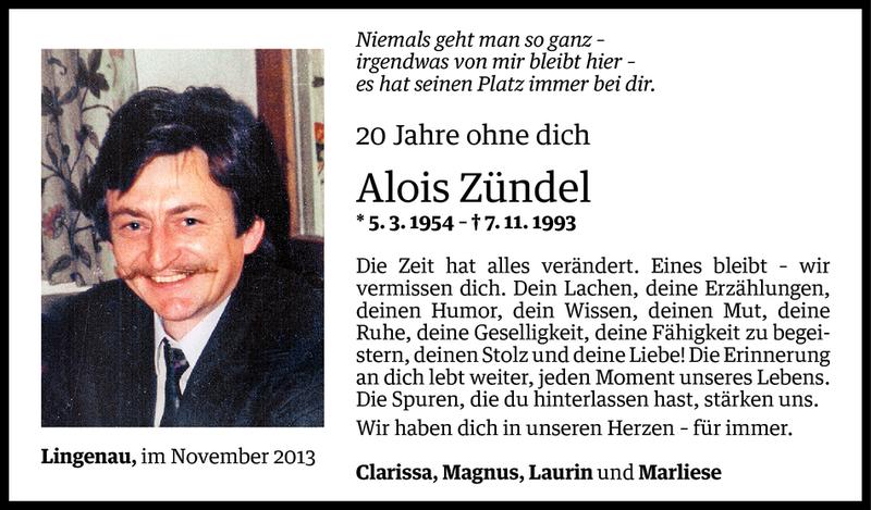  Todesanzeige für Alois Zündel vom 06.11.2013 aus Vorarlberger Nachrichten