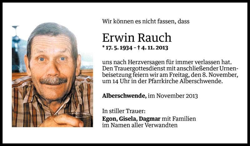  Todesanzeige für Erwin Rauch vom 06.11.2013 aus Vorarlberger Nachrichten